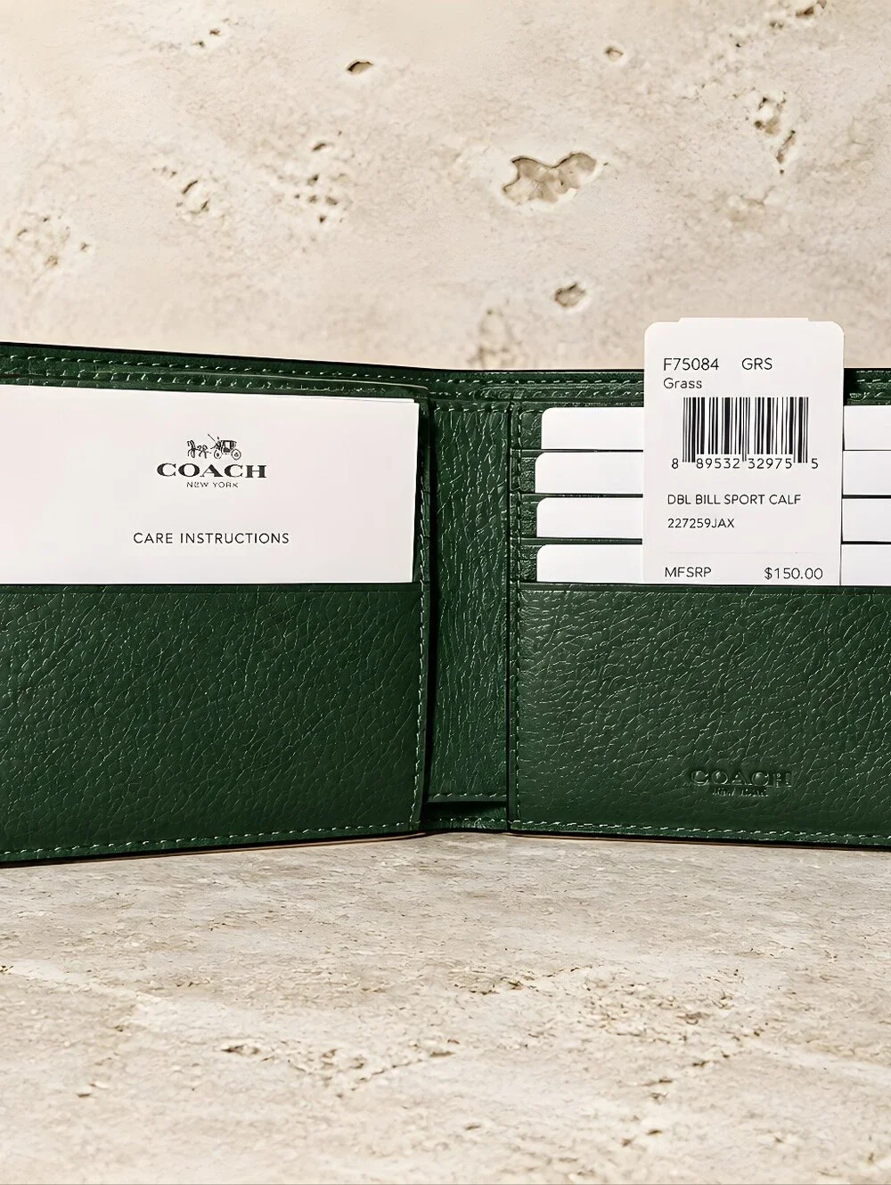 NWT COACH Billfold Wallet Color Grass/ Kelly Green. (Unisex)
